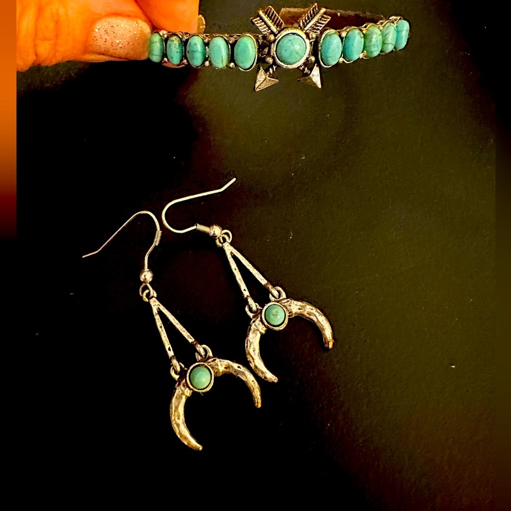 Free People Silver and Turquoise cuff and earring set Boho Country Chic